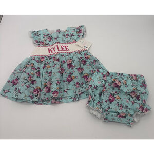 KYLEE Monogrammed Sweet La Rose Smocked Bloomer 12 Months Light Blue Pink Floral